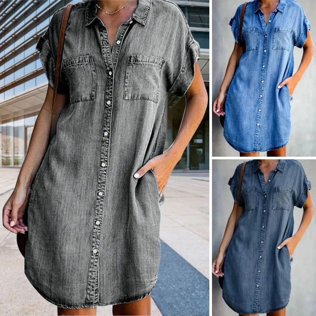 🔥【S-5XL】Rochie din denim cu maneca scurta