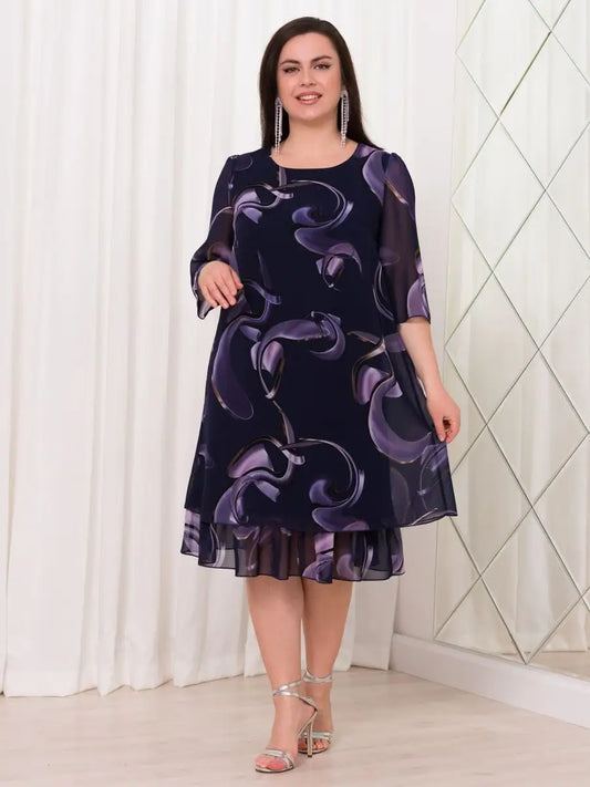 💕【S-5XL】👗Rochie elegantă cu imprimeu din plasă, cu mâneci cu volan