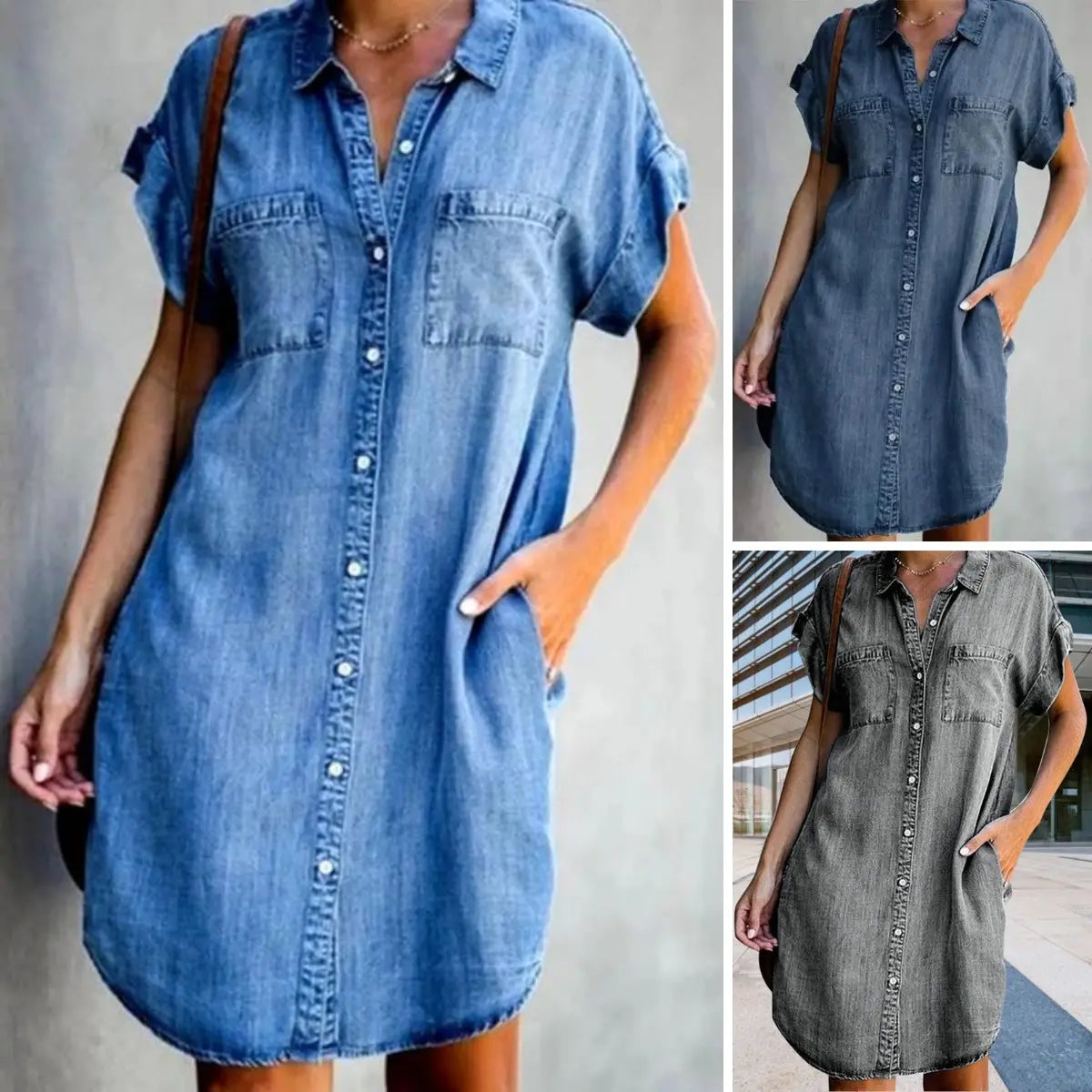 🔥【S-5XL】Rochie din denim cu maneca scurta