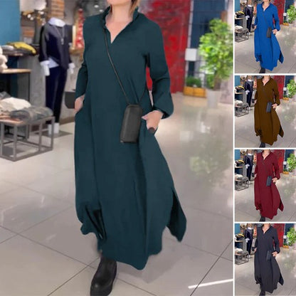 🍂🍁【S-3XL】Rochie casual nouă, de toamnă și iarnă, cu mâneci lungi, cu decolteu în V, de culoare uni