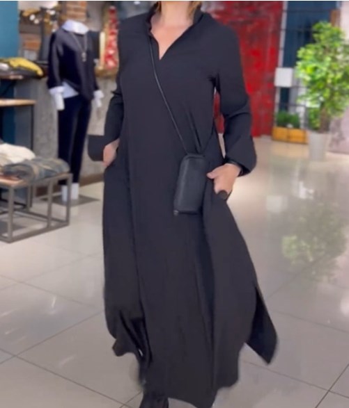 🍂🍁【S-3XL】Rochie casual nouă, de toamnă și iarnă, cu mâneci lungi, cu decolteu în V, de culoare uni