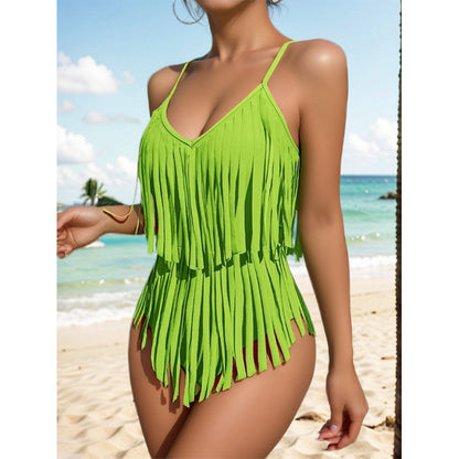 😍👙2024 Costum de baie sexy cu decolteu în V, slim fit, fără spate, cu franjuri